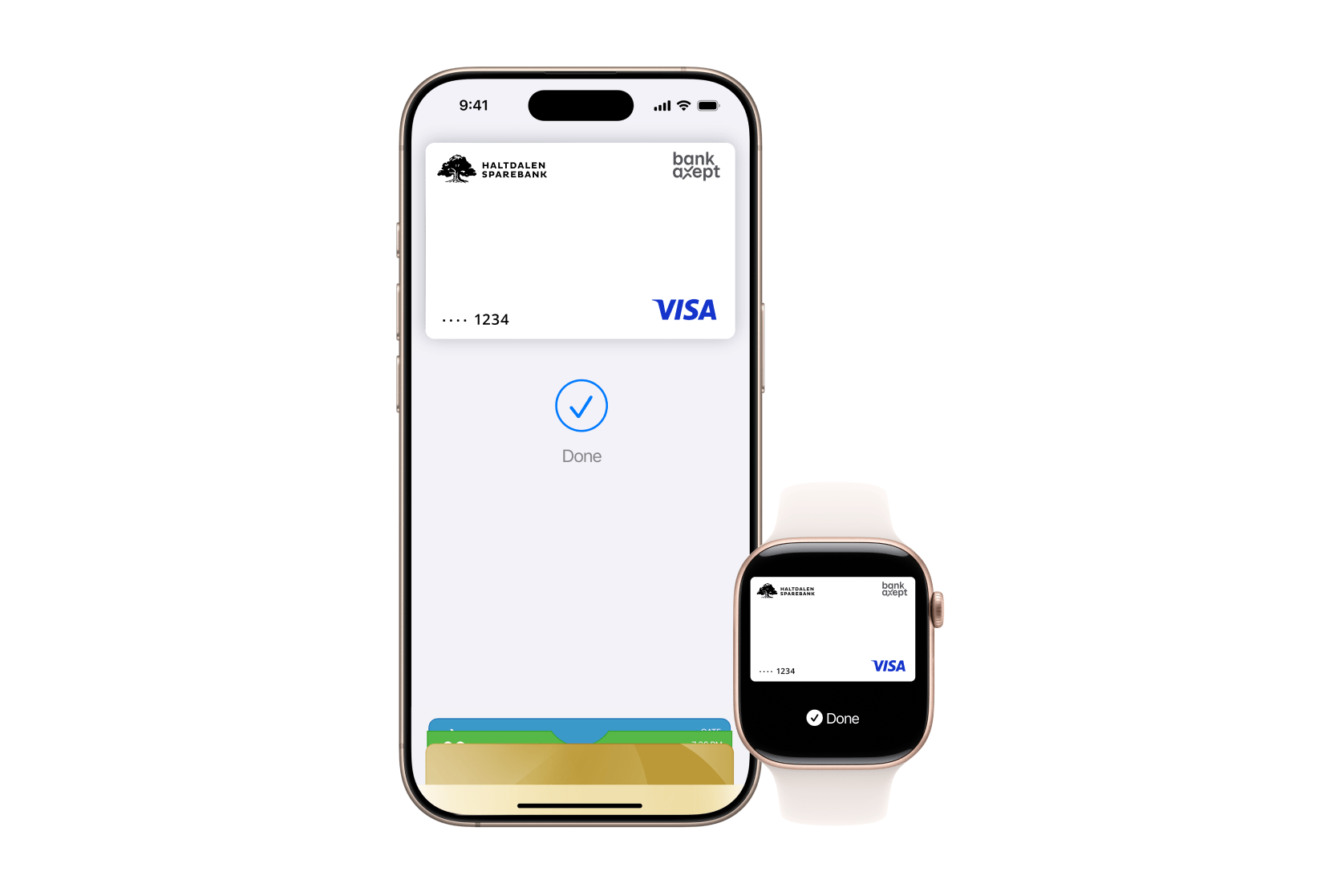 iPhone og Apple Watch viser et digitalt betalingskort med teksten 'Done' som bekrefter en fullført betaling.